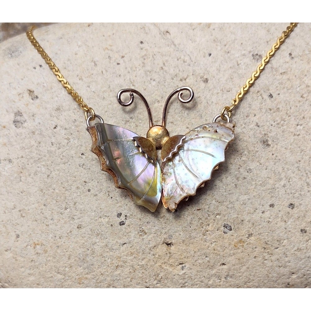 Vintage Butterfly Necklace Abalone Shell - Picture 3 of 11